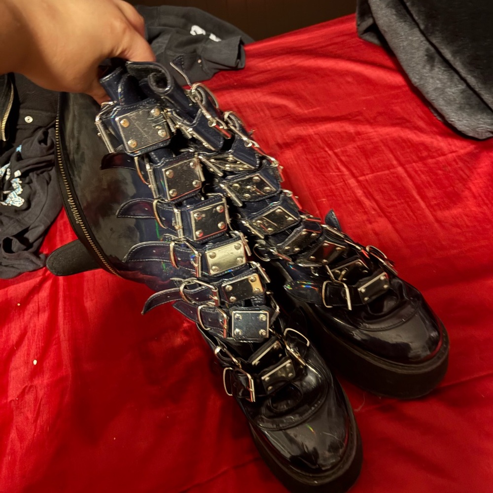 Demonia Black Combat Moto Boots with Buckles